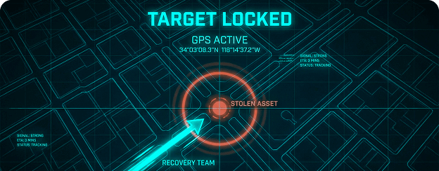 Professional theft response with GPS target lock enabling real-time stolen asset tracking and rapid recovery.