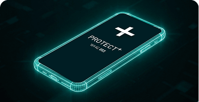 Protect+ mobile app interface showing real-time vehicle tracking, alerts, and connected car security features.